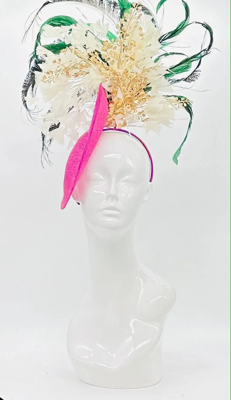 Gold, green, fuchsia, white colored Kentucky Derby Fascinator (GOLD LINE)