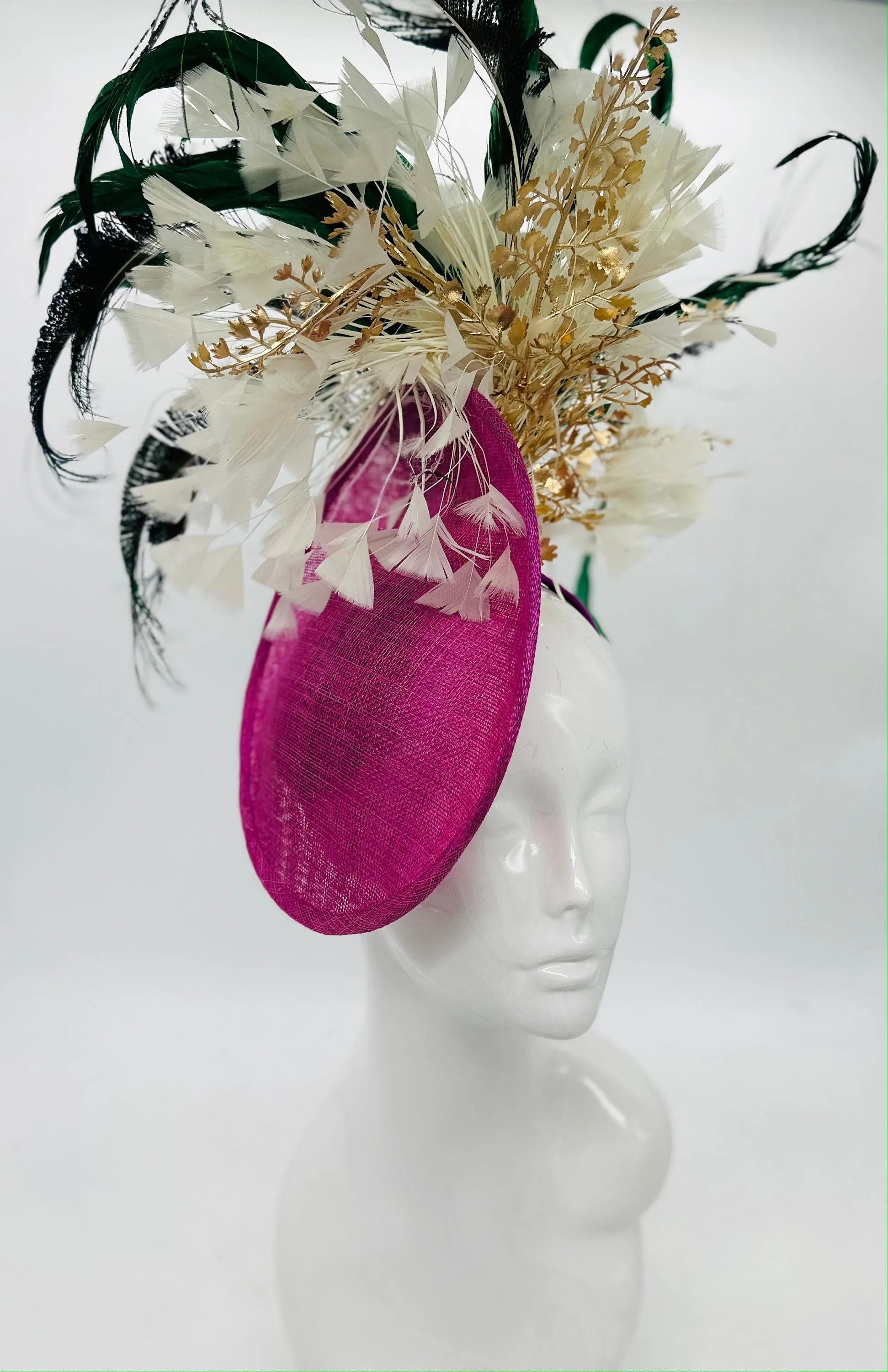 Gold, green, fuchsia, white colored Kentucky Derby Fascinator (GOLD LINE)
