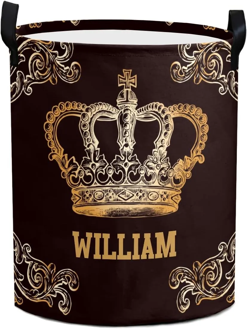 Golden Floral Crown Personalized Waterproof Foldable Laundry Basket Bag with Handle, Custom Collapsible Clothes Hamper Storage Bin for Toys Laundry Dorm Travel Bathroom