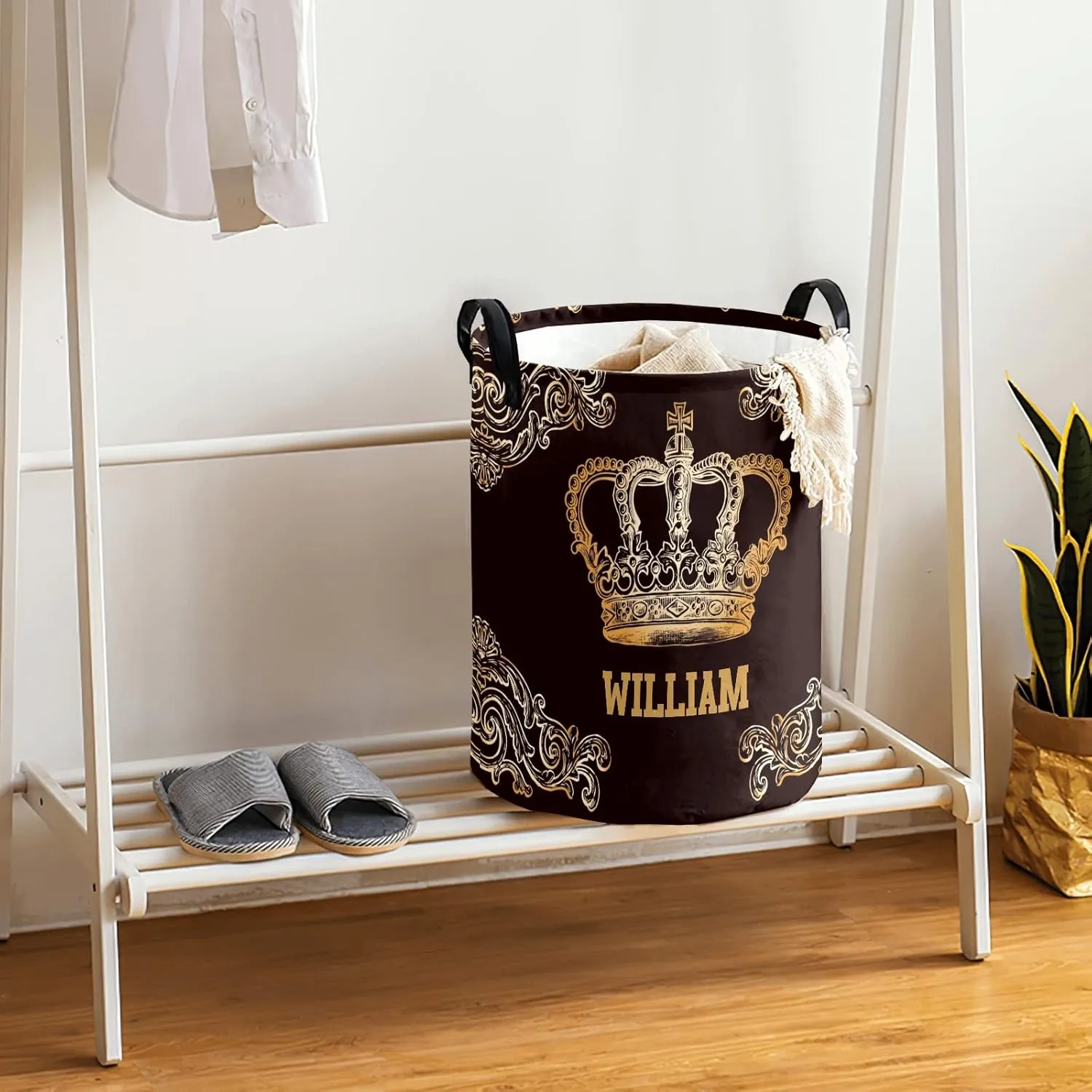 Golden Floral Crown Personalized Waterproof Foldable Laundry Basket Bag with Handle, Custom Collapsible Clothes Hamper Storage Bin for Toys Laundry Dorm Travel Bathroom