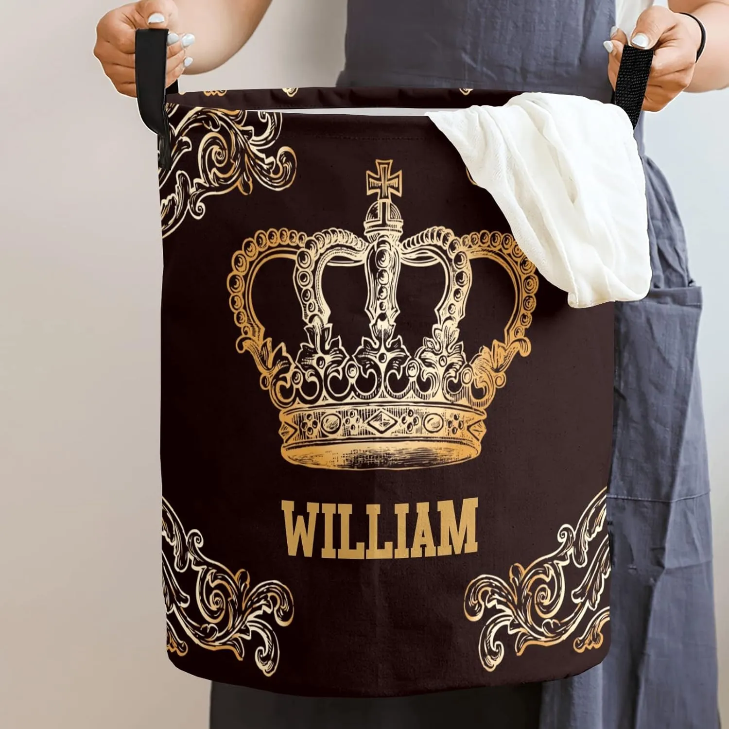 Golden Floral Crown Personalized Waterproof Foldable Laundry Basket Bag with Handle, Custom Collapsible Clothes Hamper Storage Bin for Toys Laundry Dorm Travel Bathroom