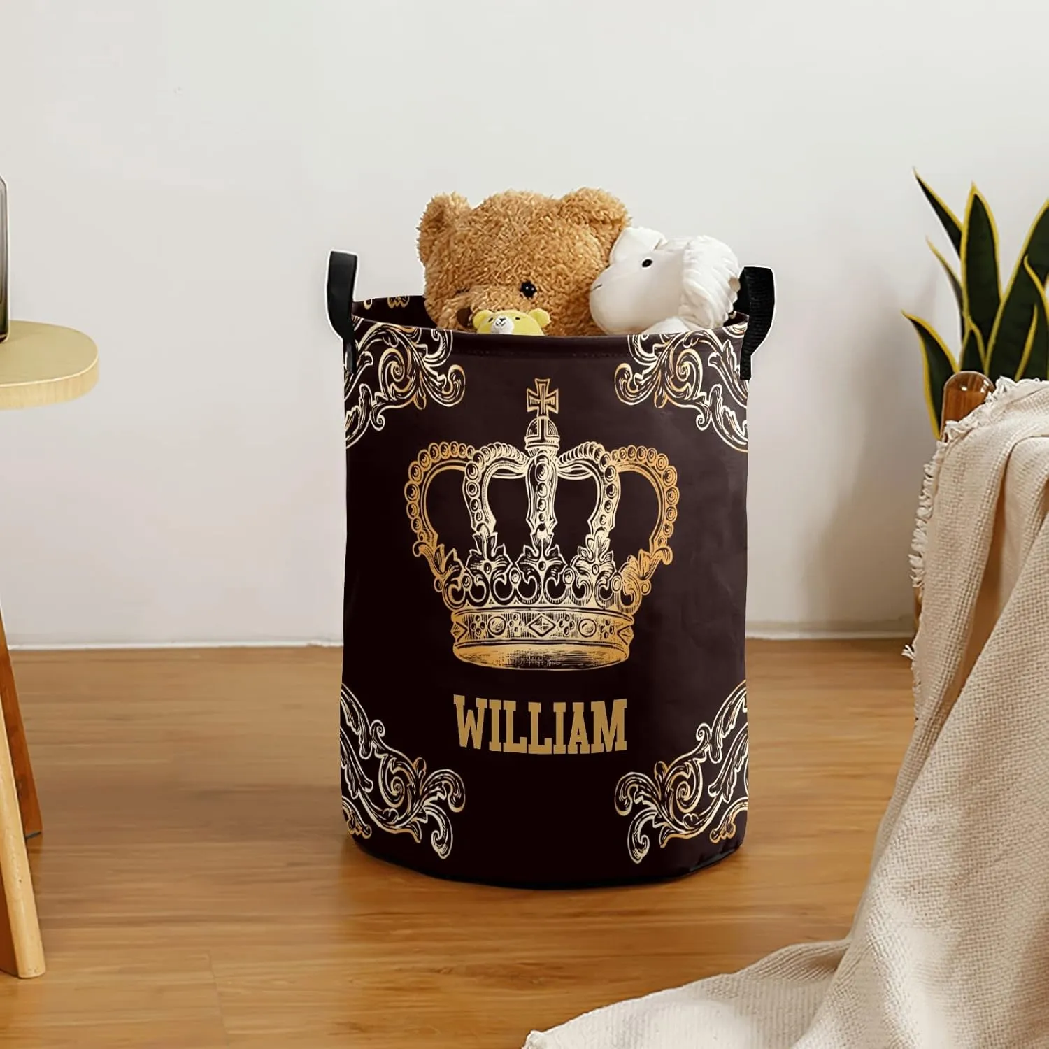 Golden Floral Crown Personalized Waterproof Foldable Laundry Basket Bag with Handle, Custom Collapsible Clothes Hamper Storage Bin for Toys Laundry Dorm Travel Bathroom