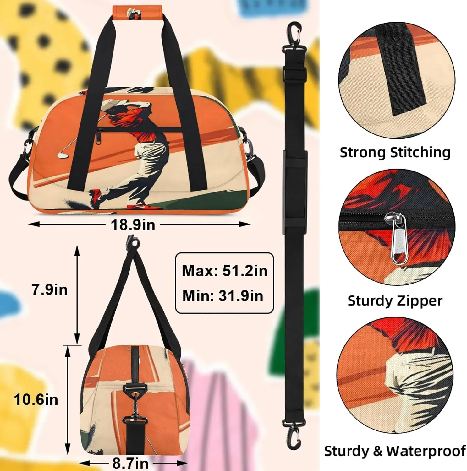 Golf Themed Small Gym Bag 18 inch Carry On Duffel Bag for Weekender Travel Sports Workout Yoga Gymnastics Dance Ballet