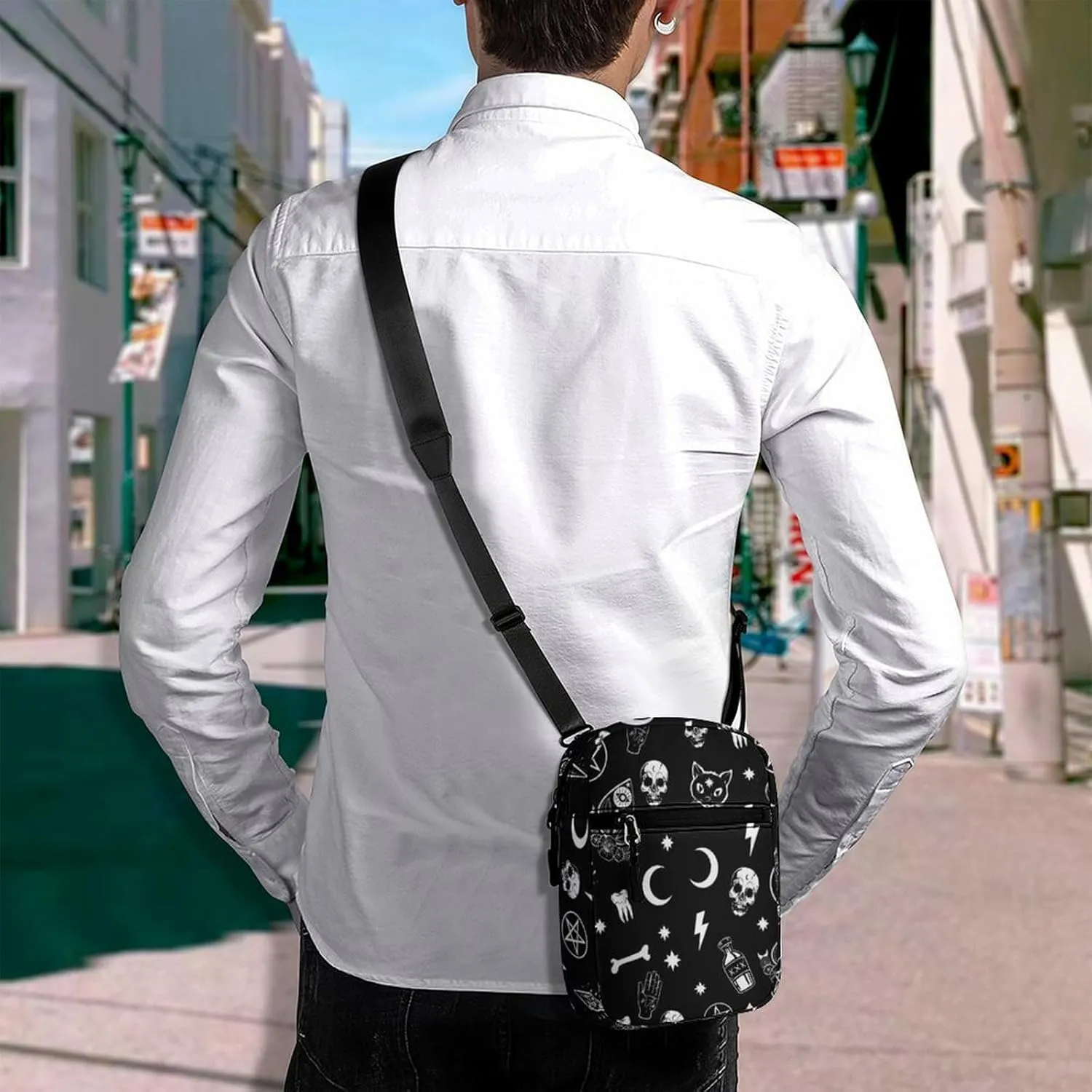 Gothic Trippy Moon Skull Cat Bone Detachable Shoulder Strap Small Shoulder Bag Unisex