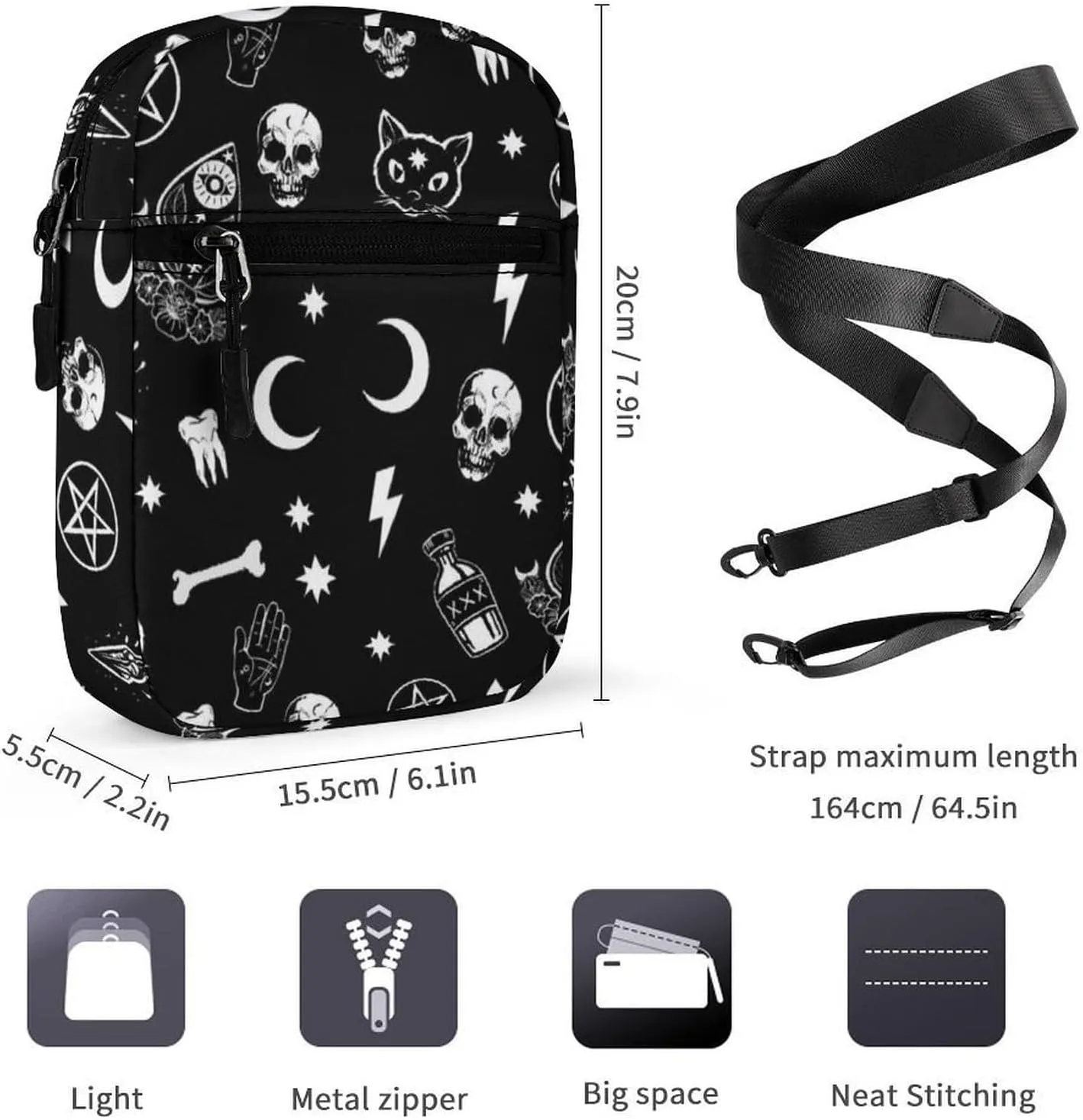 Gothic Trippy Moon Skull Cat Bone Detachable Shoulder Strap Small Shoulder Bag Unisex