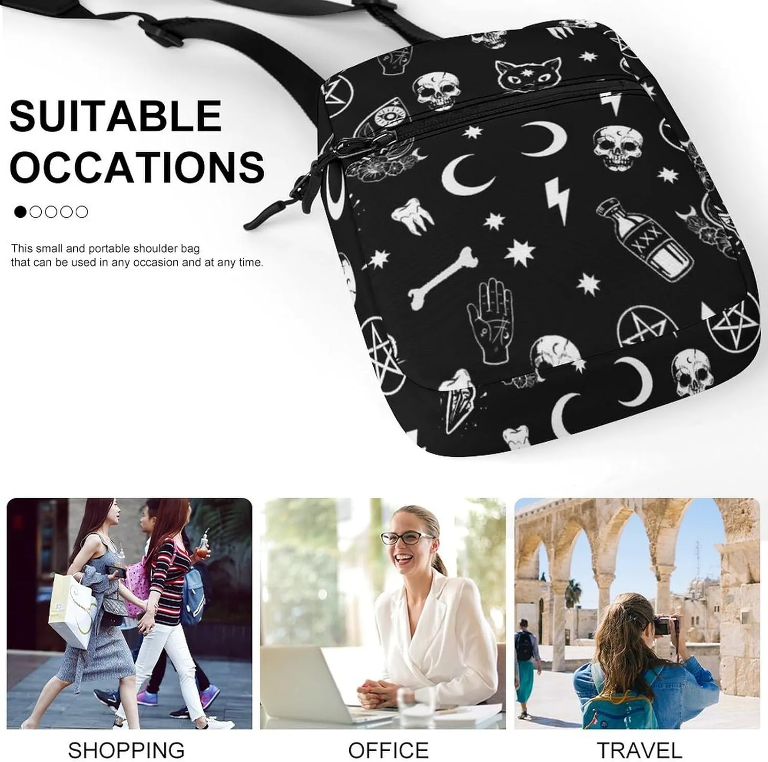 Gothic Trippy Moon Skull Cat Bone Detachable Shoulder Strap Small Shoulder Bag Unisex