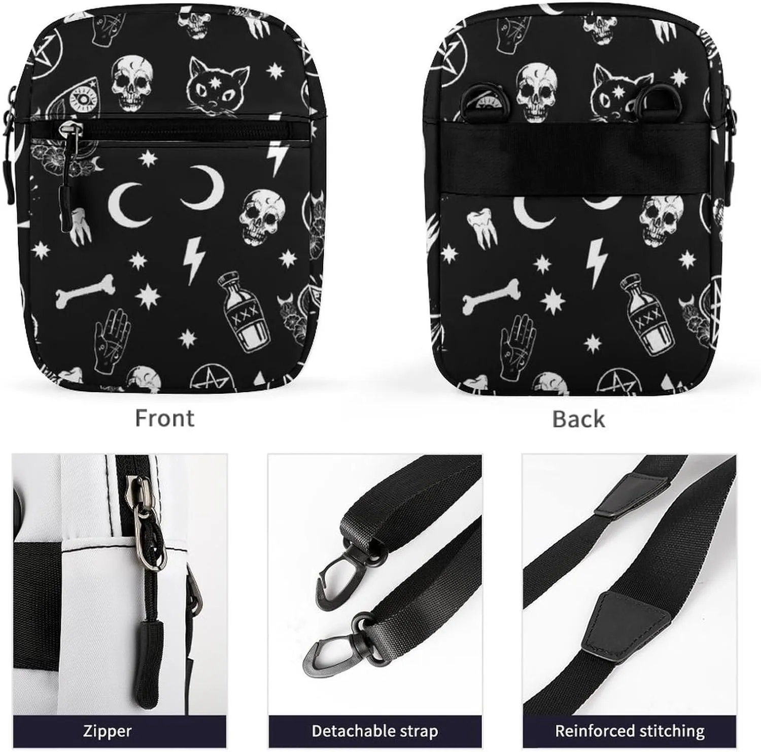 Gothic Trippy Moon Skull Cat Bone Detachable Shoulder Strap Small Shoulder Bag Unisex