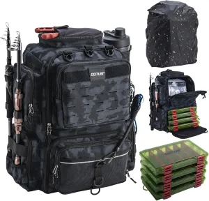 Goture Fishing Backpack with 4 Tackle Boxes,45L 600D Tackle Backpack with Rod Holders,8 Lure Pockets,Rain Cover,Large Fishing Bag Saltwater Gear Storage Bag for Camping Hiking