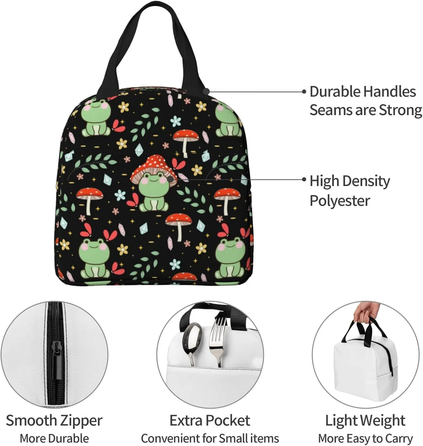 Green Frog Mushroom Lunch Bag For Teen Girls Women, Oxford Cloth Reusable Lunch Tote Box Bag For Work School
