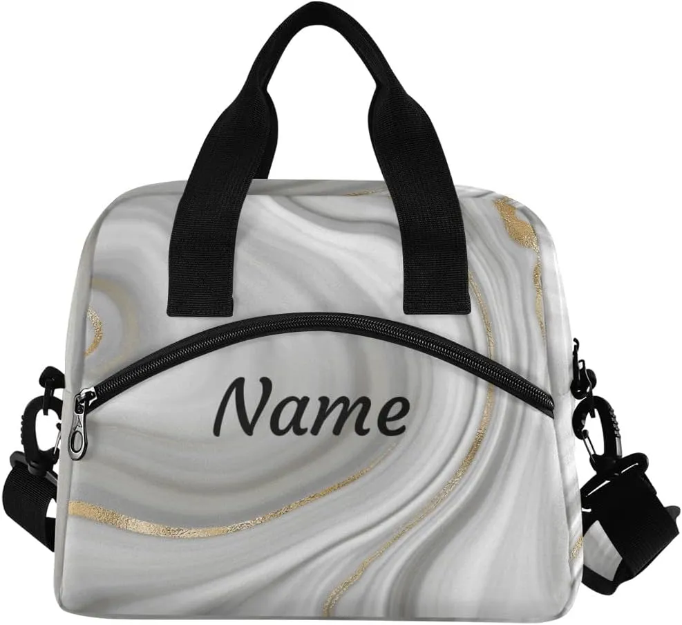 Grey Curly Marble with Golden Veins Custom Lunch Bag Personalized Name Insulated Lunch Box for Women Men Tote Bag with Detachable Shoulder Strap for Office School Picnic Hiking