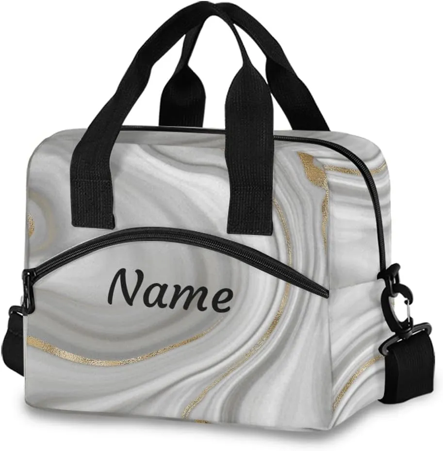Grey Curly Marble with Golden Veins Custom Lunch Bag Personalized Name Insulated Lunch Box for Women Men Tote Bag with Detachable Shoulder Strap for Office School Picnic Hiking