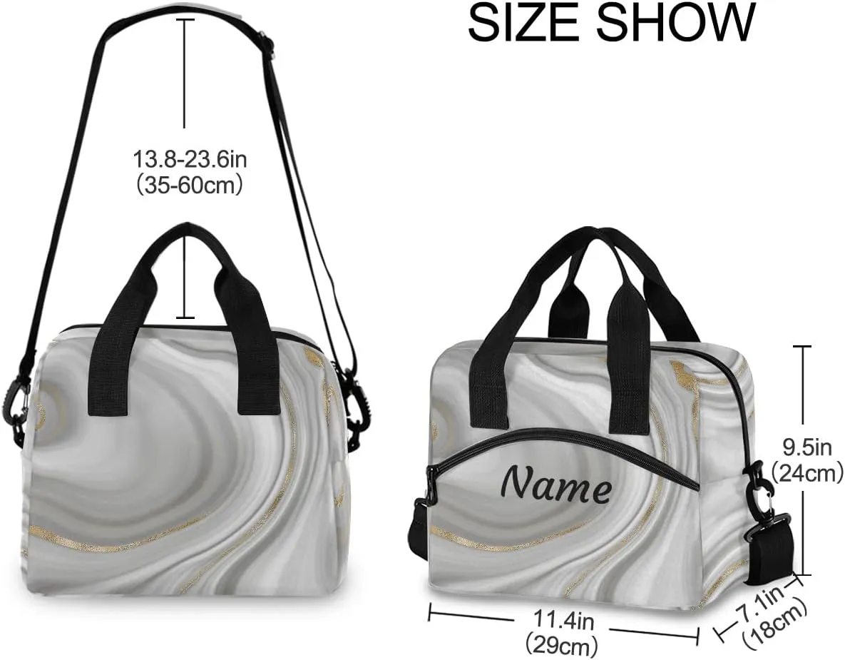 Grey Curly Marble with Golden Veins Custom Lunch Bag Personalized Name Insulated Lunch Box for Women Men Tote Bag with Detachable Shoulder Strap for Office School Picnic Hiking
