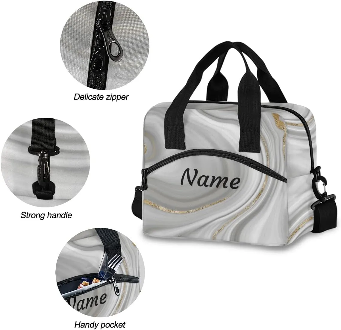 Grey Curly Marble with Golden Veins Custom Lunch Bag Personalized Name Insulated Lunch Box for Women Men Tote Bag with Detachable Shoulder Strap for Office School Picnic Hiking