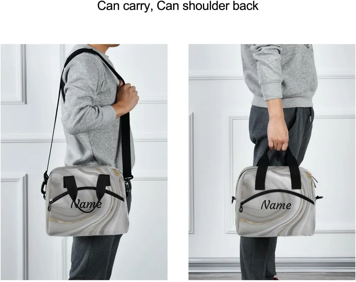 Grey Curly Marble with Golden Veins Custom Lunch Bag Personalized Name Insulated Lunch Box for Women Men Tote Bag with Detachable Shoulder Strap for Office School Picnic Hiking