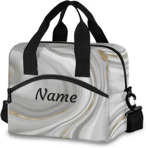 Grey Curly Marble with Golden Veins Custom Lunch Bag Personalized Name Insulated Lunch Box for Women Men Tote Bag with Detachable Shoulder Strap for Office School Picnic Hiking