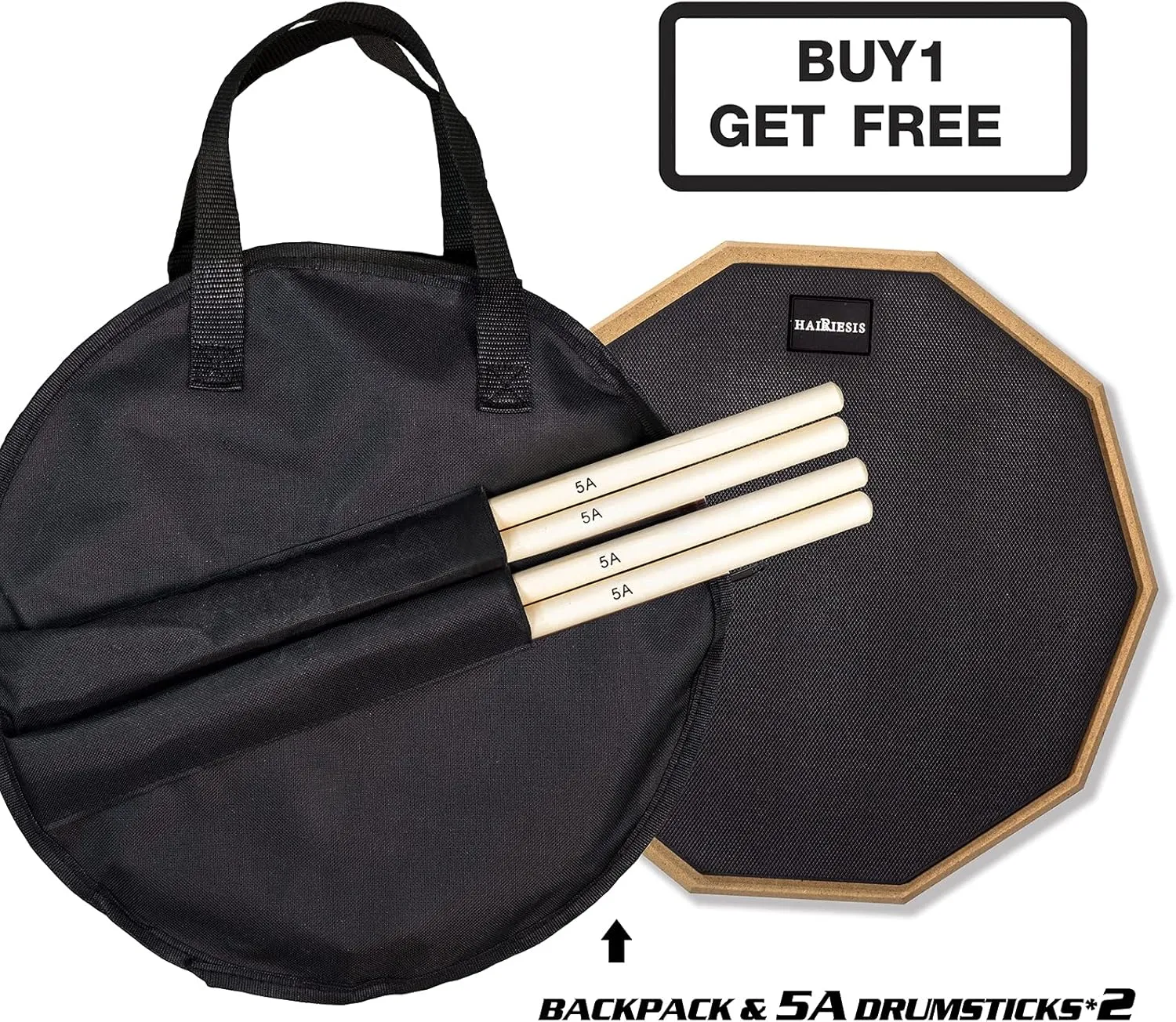 HAIRIESIS Snare Drum Practice Pad,12-Inch Practice Drum Pad,Double Sided Silent Drum Pad and Sticks,Drum Pads Carry Bag