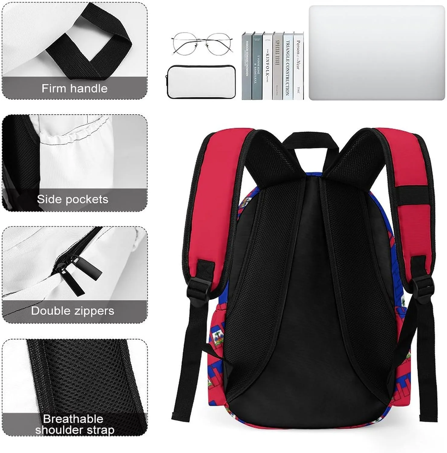 Haitian Flag Backpacks Multiple Pockets Knapsack Shoulder Bag Compartment Backpack Travel Hiking Camping for Men Women 2025