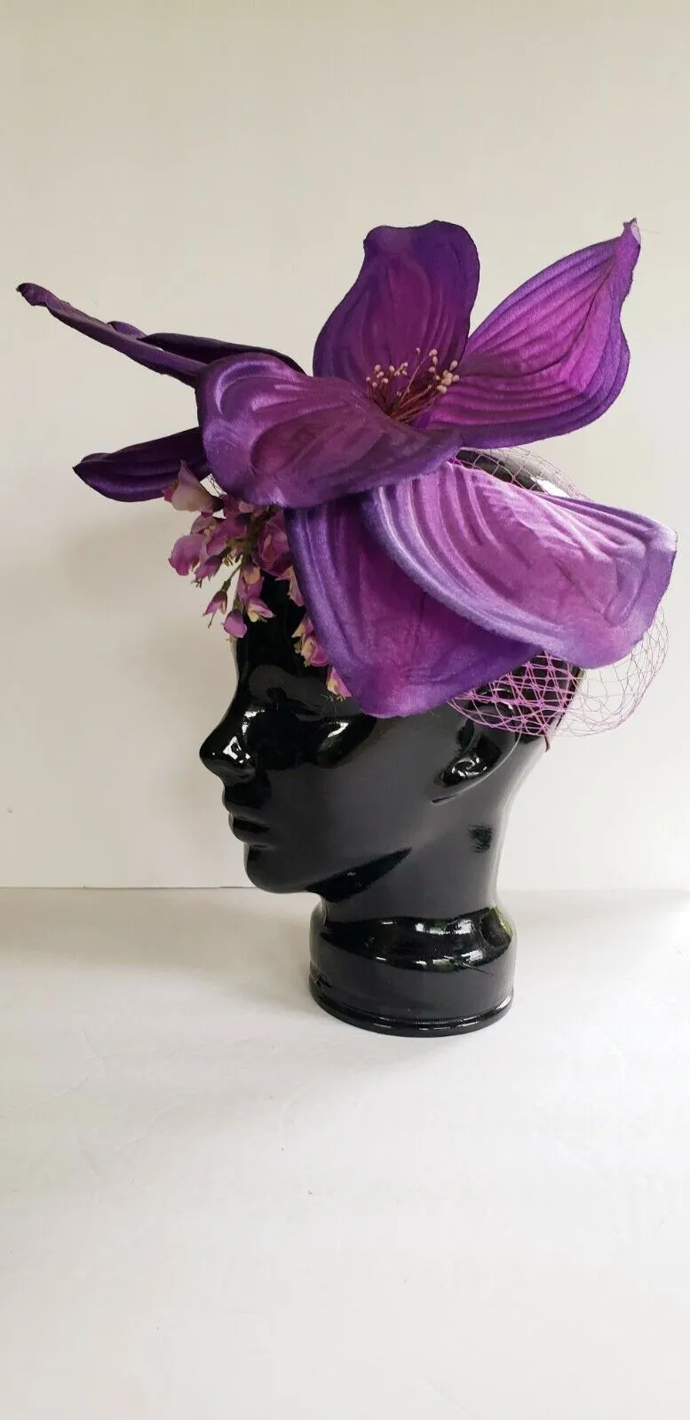Handmade Floral Fascinator Purple Pink Large Flower Headpiece Artisinal Milliner
