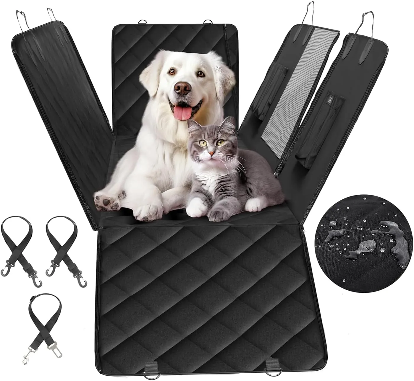 HealSmart Dog Car Rear Seat Cover - 100% Waterproof Dog Hammock with Mesh Window, Durable, Scratch Resistant and Nonslip, Standard, Black
