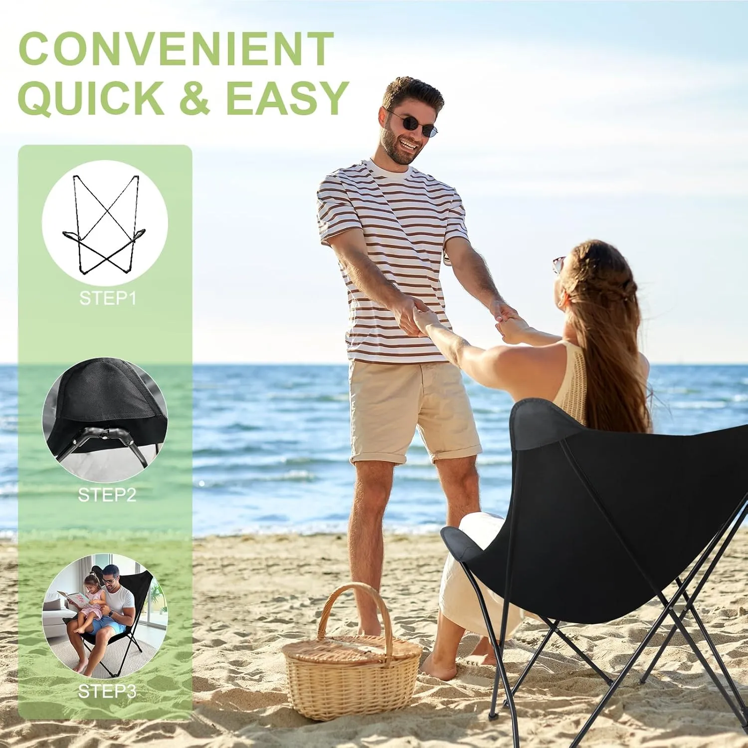 Heavy Duty Oversized Camping Chairs for Adults Up to 400 lbs, Portable Lawn Chairs Fast Setting Up, Outdoor Folding Chairs with Heavy Duty Steel Frame for Strong and Durable, Black