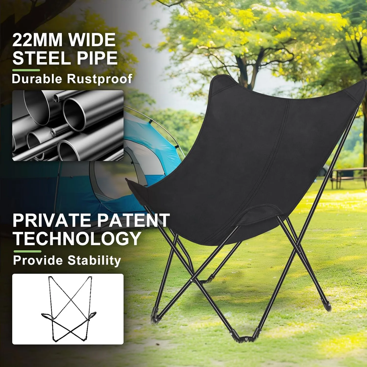 Heavy Duty Oversized Camping Chairs for Adults Up to 400 lbs, Portable Lawn Chairs Fast Setting Up, Outdoor Folding Chairs with Heavy Duty Steel Frame for Strong and Durable, Black