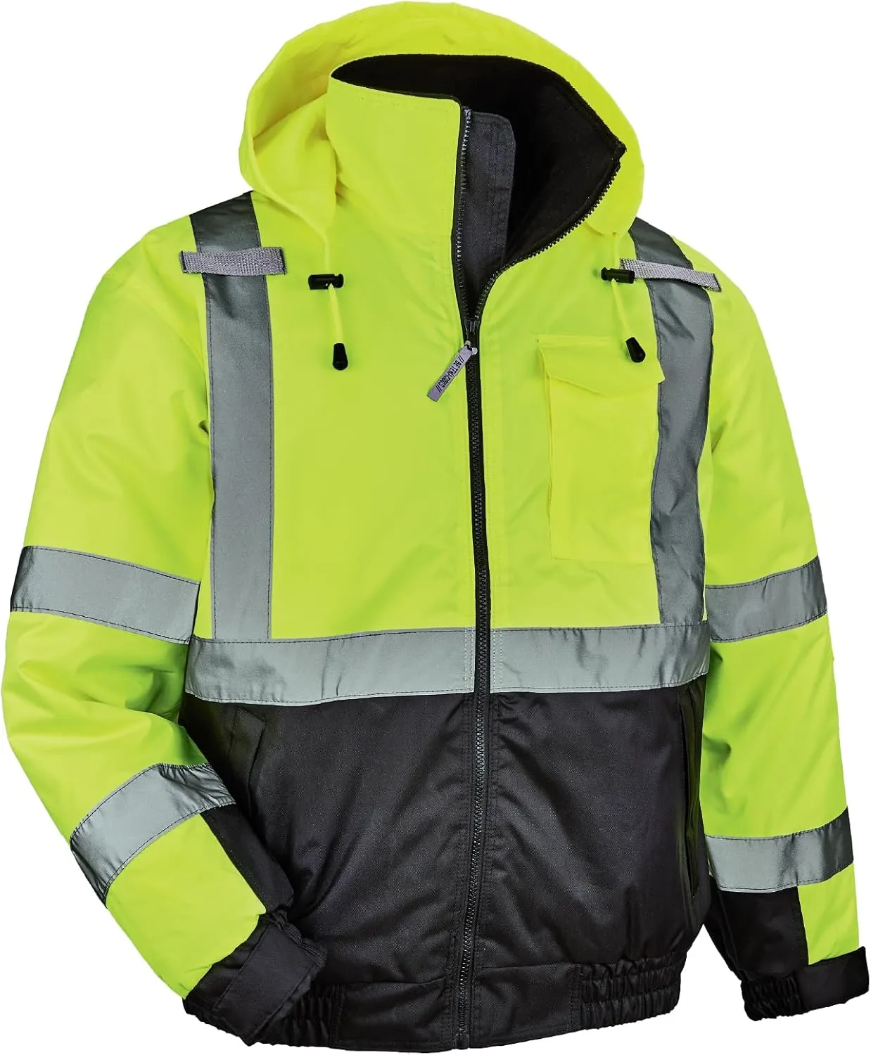 High Visibility Reflective Winter Bomber Jacket, Black Bottom, ANSI Compliant, Ergodyne GloWear 8377,2XL,Lime