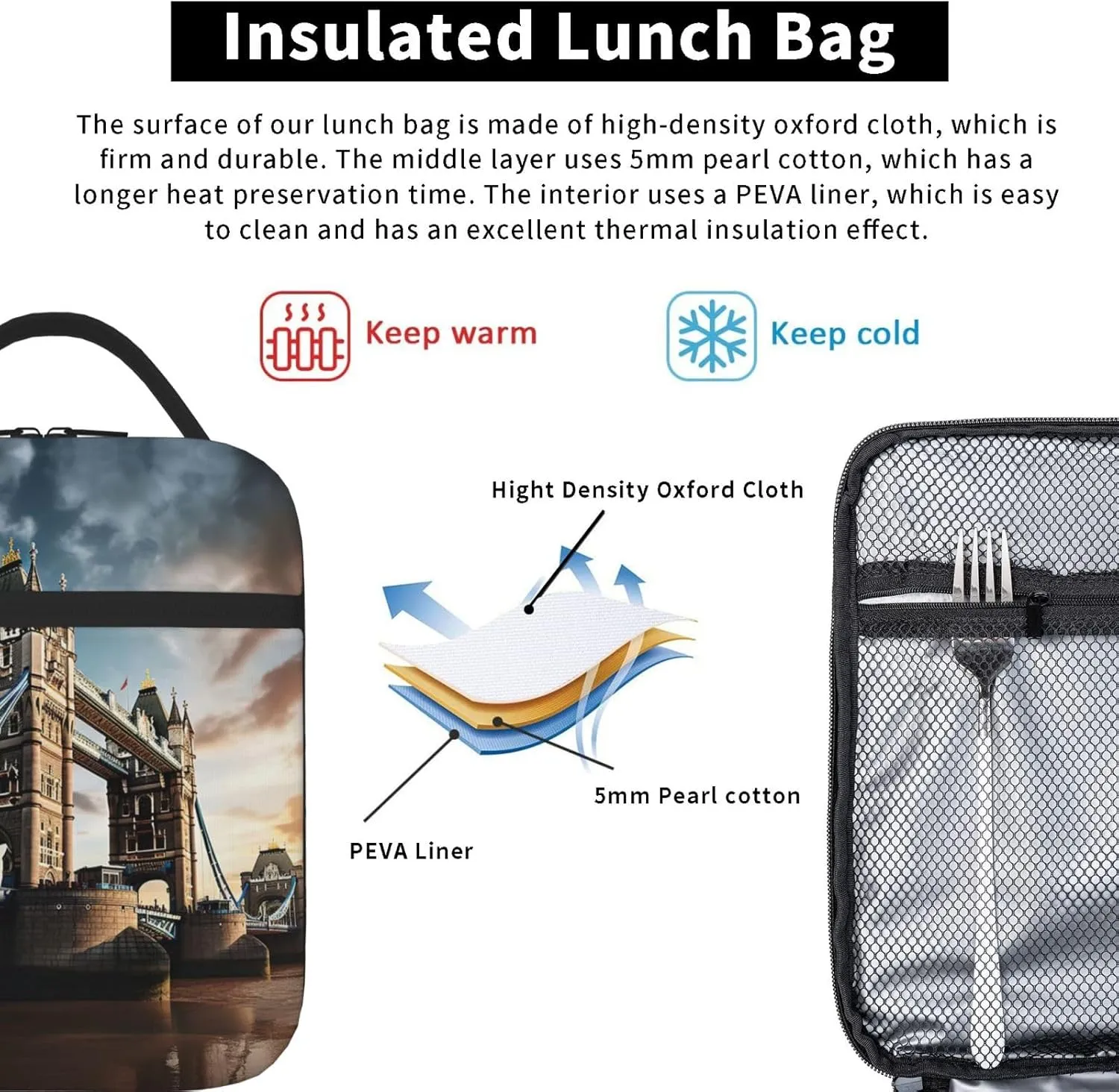 Historic Old Tower Bridge London Insulated Lunch Bag For Men Women Lunchbox Designed For Office Work Travel