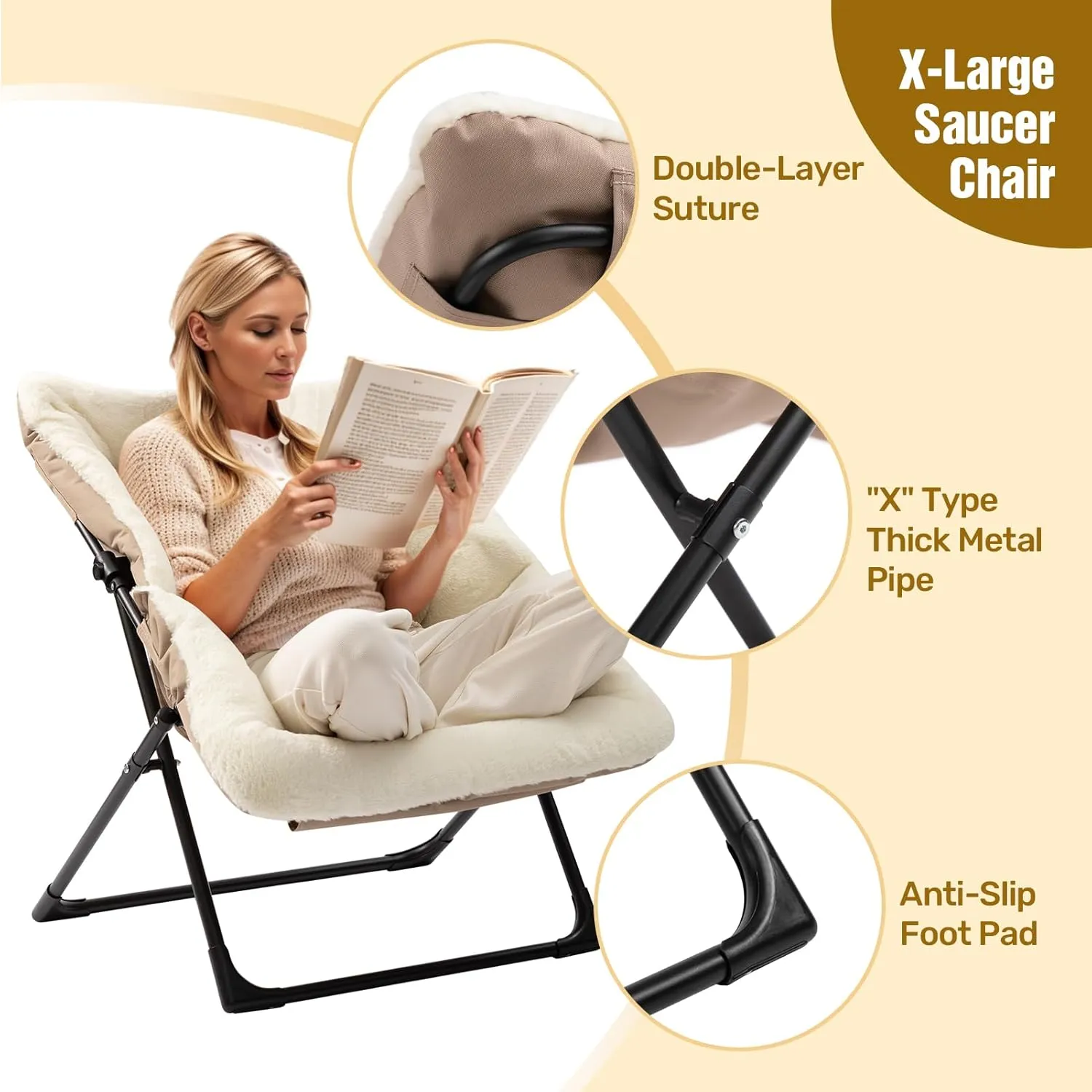 HollyHOME X-Large Saucer Chair, Comfy Oversized Folding Chair, Faux-Fur Reading Chair for Teens, Adults, Foldable Accent Lazy Chair, Metal Frame Lounge Chair for Living Room, Bedroom, Dorm, Beige