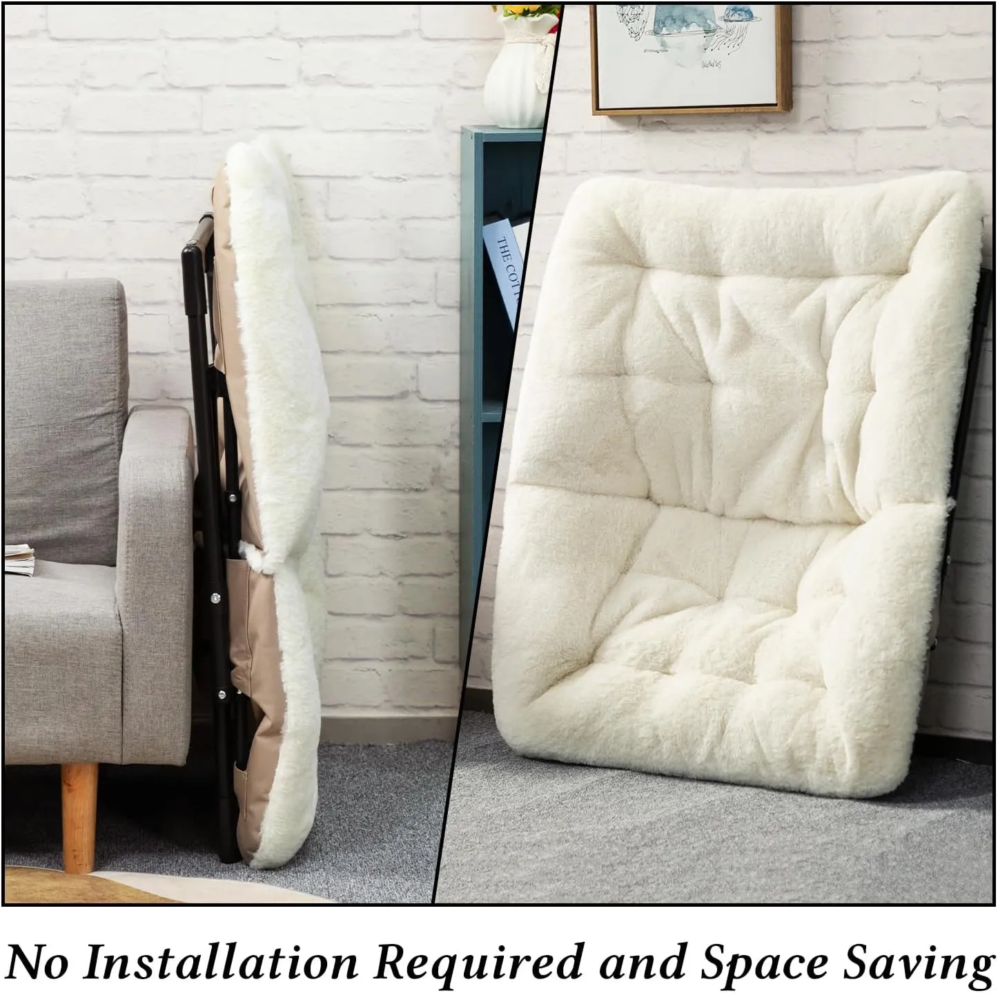 HollyHOME X-Large Saucer Chair, Comfy Oversized Folding Chair, Faux-Fur Reading Chair for Teens, Adults, Foldable Accent Lazy Chair, Metal Frame Lounge Chair for Living Room, Bedroom, Dorm, Beige