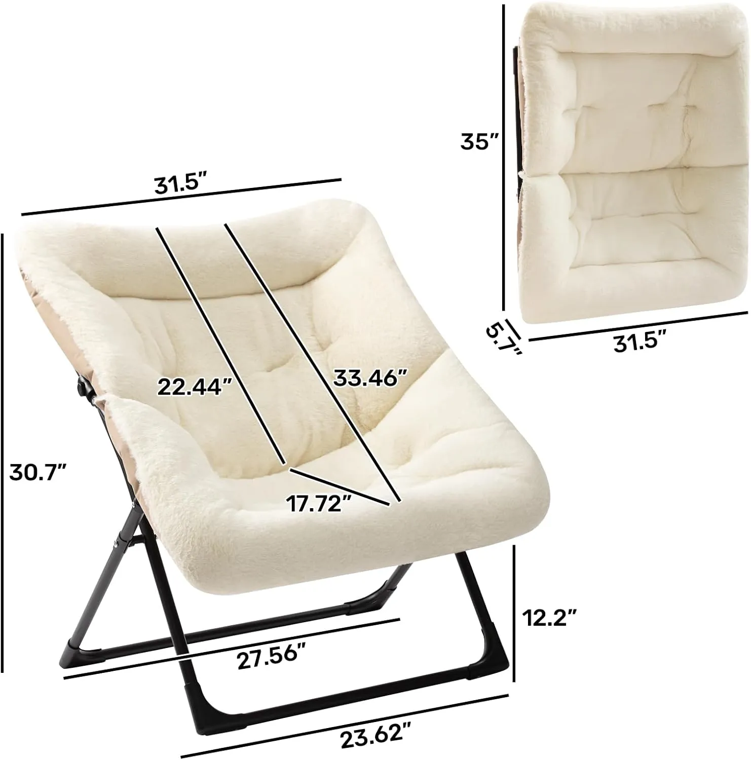 HollyHOME X-Large Saucer Chair, Comfy Oversized Folding Chair, Faux-Fur Reading Chair for Teens, Adults, Foldable Accent Lazy Chair, Metal Frame Lounge Chair for Living Room, Bedroom, Dorm, Beige