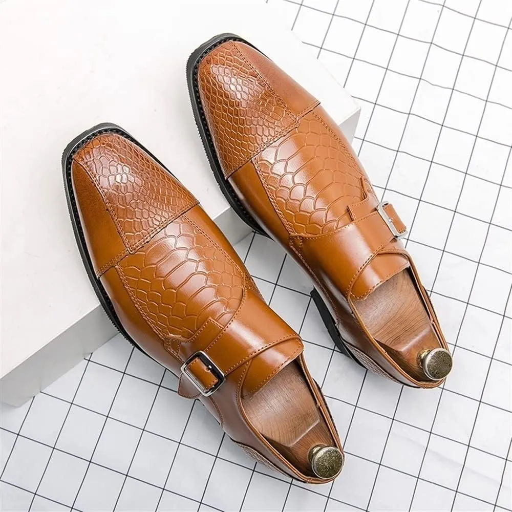 HOOENG Dress Oxford for Men Slip On Monk Strap Crocodile Print Faux Leather Slip Resistant Low Top Block Heel Rubber Sole Anti-Slip Outdoor
