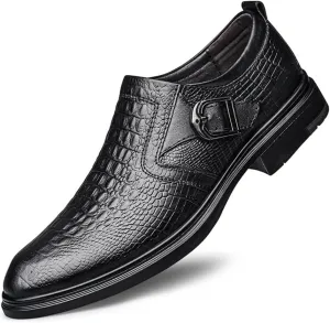 HOOENG Dress Oxford Shoes for Men Slip On Round Toe Monk Strap Crocodile Embossed Vegan Leather Low Top Non Slip Rubber Sole Working (Color : Crocodile Embossed, Size : 9)