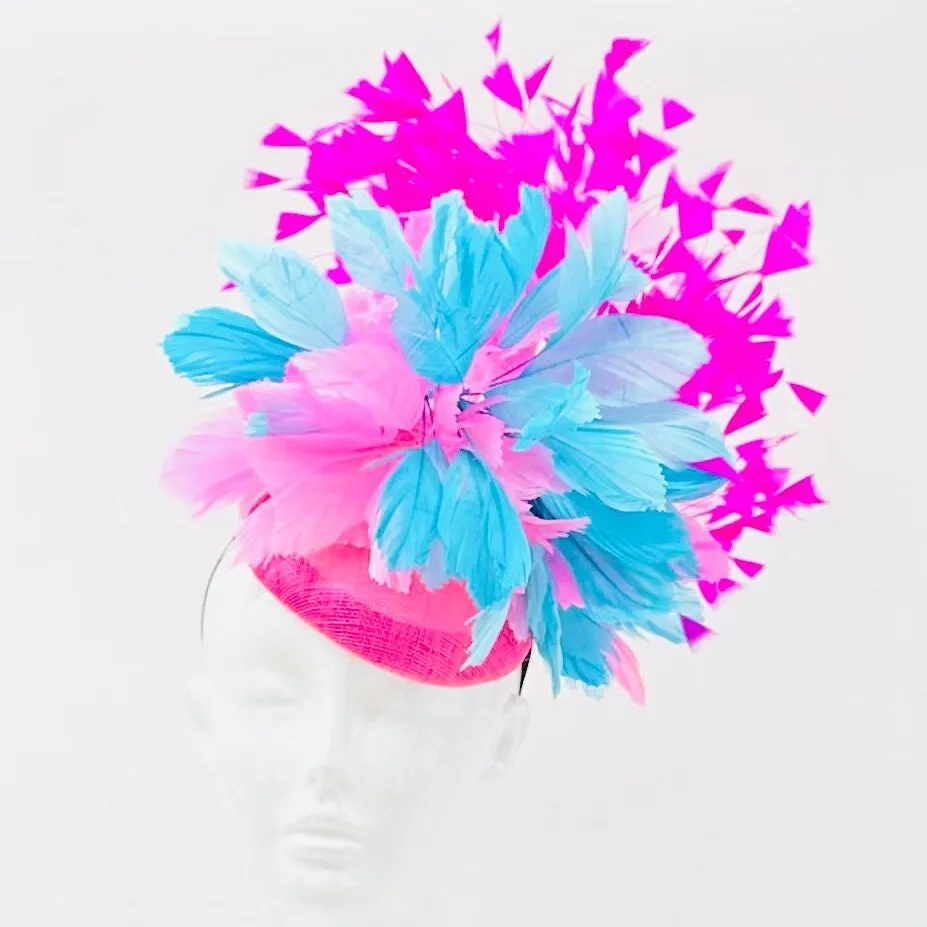 Hot pink, light pink, blue Kentucky Derby Fascinator, derby hat Kentucky Derby Hat Alternative, Floral Fascinator (GOLD LINE)