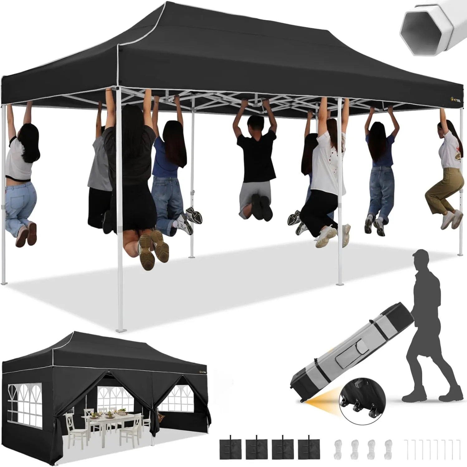 HOTEEL 10x20 Heavy Duty Pop Up Canopy Tent with Sidewalls, Commercial Outdoor Canopy Tents for Parties Event Wedding with Roller Bag, Waterproof & UV 50 , Upgraded Thickened Hexagonal Legs, Black