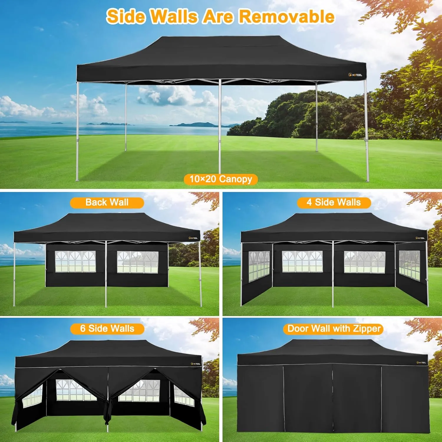 HOTEEL 10x20 Heavy Duty Pop Up Canopy Tent with Sidewalls, Commercial Outdoor Canopy Tents for Parties Event Wedding with Roller Bag, Waterproof & UV 50 , Upgraded Thickened Hexagonal Legs, Black