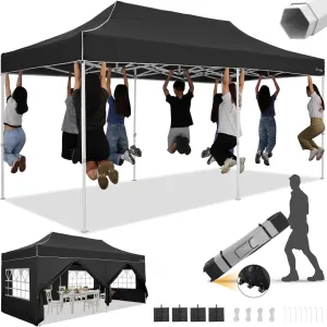 HOTEEL 10x20 Heavy Duty Pop Up Canopy Tent with Sidewalls, Commercial Outdoor Canopy Tents for Parties Event Wedding with Roller Bag, Waterproof & UV 50 , Upgraded Thickened Hexagonal Legs, Black