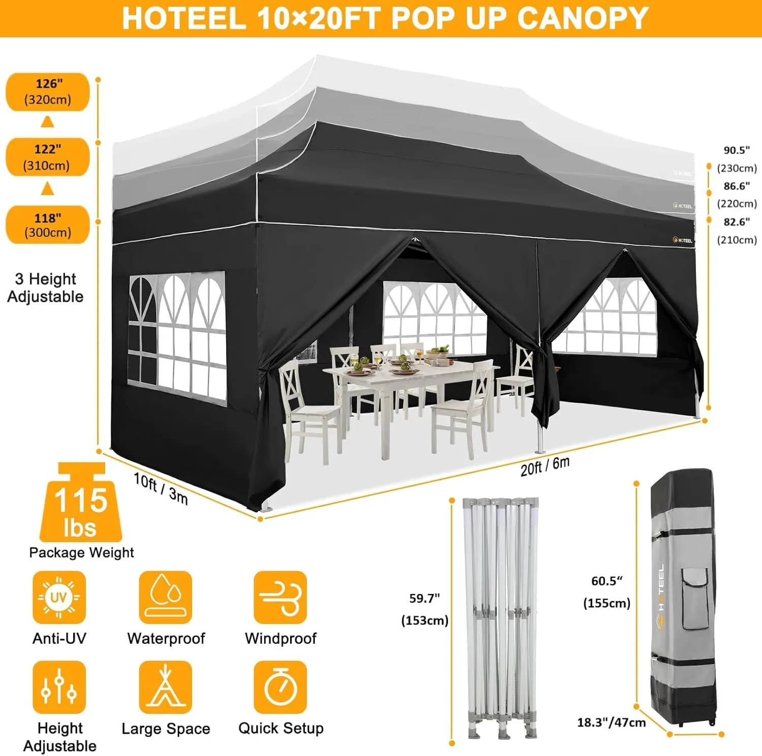 HOTEEL 10x20 Heavy Duty Pop Up Canopy Tent with Sidewalls, Commercial Outdoor Canopy Tents for Parties Event Wedding with Roller Bag, Waterproof & UV 50 , Upgraded Thickened Hexagonal Legs, Black
