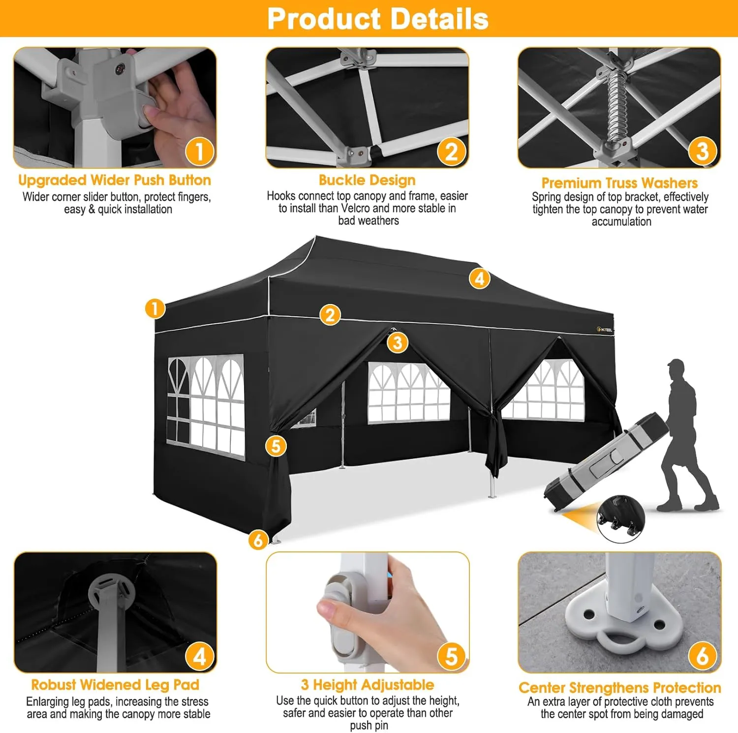 HOTEEL 10x20 Heavy Duty Pop Up Canopy Tent with Sidewalls, Commercial Outdoor Canopy Tents for Parties Event Wedding with Roller Bag, Waterproof & UV 50 , Upgraded Thickened Hexagonal Legs, Black