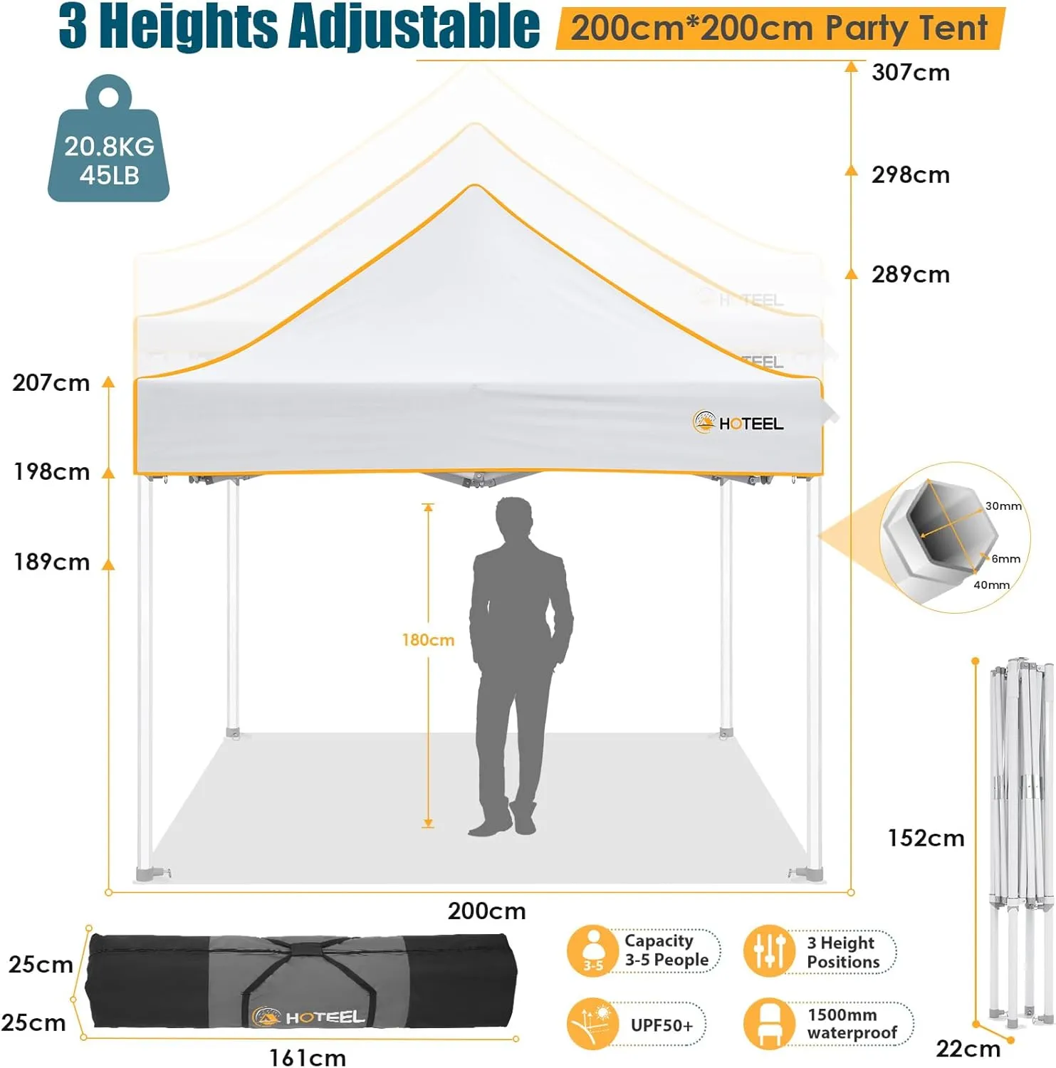 Hoteel 6.6 x 6.6 Pop up Canopy,Easy Up Heavy Duty Canopy with 4 Sidewalls,Upgrade Hexagonal Tube UPF50  1500mm Waterproof,Outdoor Canopy Tent with Carry Bag for Commercial Events,Beach,Camping,White
