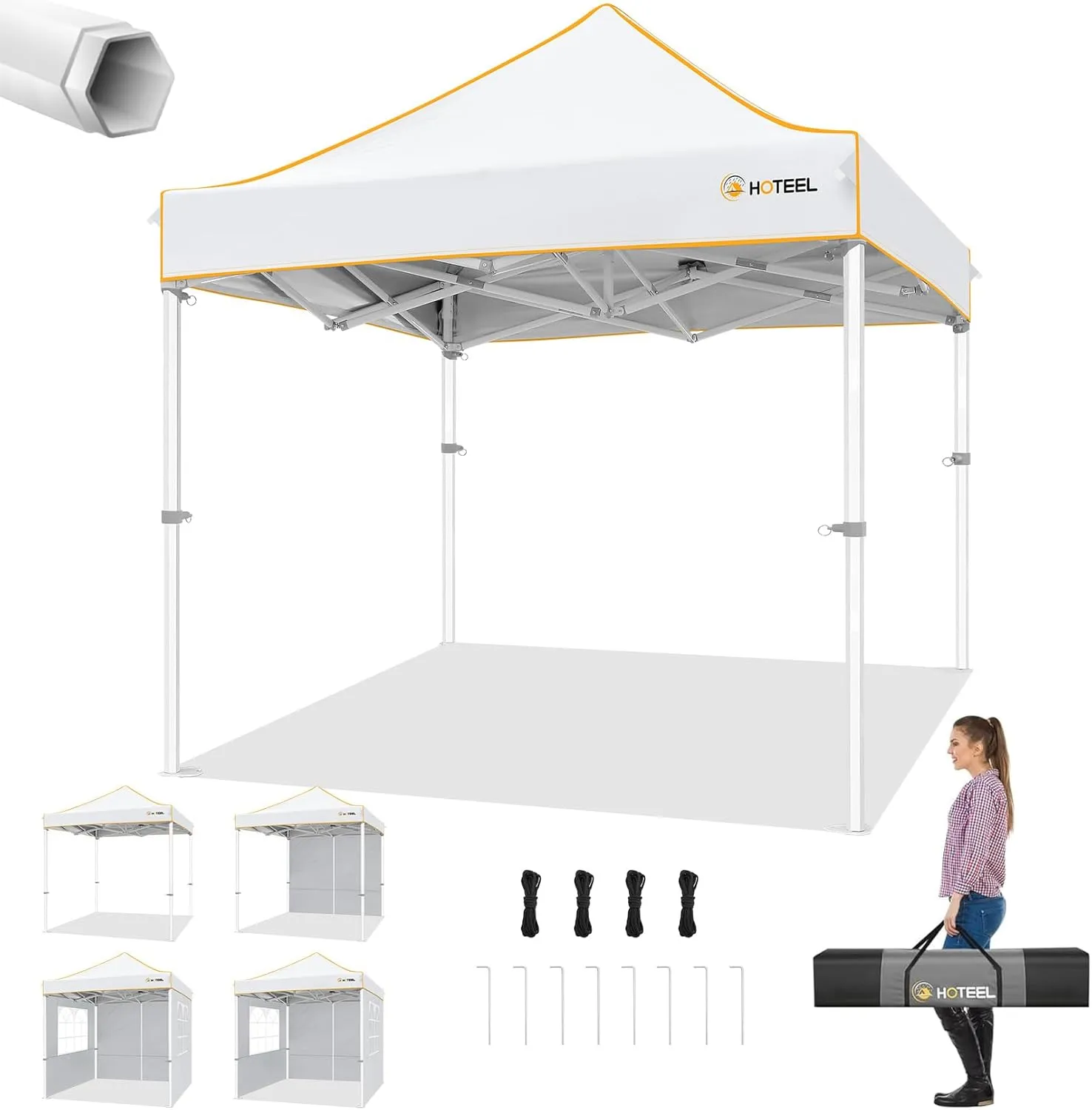 Hoteel 6.6 x 6.6 Pop up Canopy,Easy Up Heavy Duty Canopy with 4 Sidewalls,Upgrade Hexagonal Tube UPF50  1500mm Waterproof,Outdoor Canopy Tent with Carry Bag for Commercial Events,Beach,Camping,White