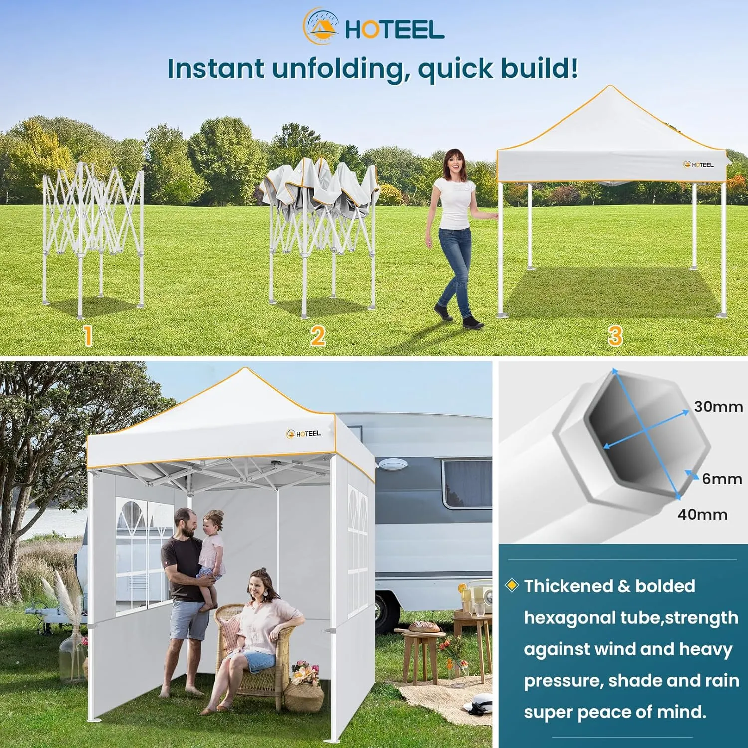Hoteel 6.6 x 6.6 Pop up Canopy,Easy Up Heavy Duty Canopy with 4 Sidewalls,Upgrade Hexagonal Tube UPF50  1500mm Waterproof,Outdoor Canopy Tent with Carry Bag for Commercial Events,Beach,Camping,White