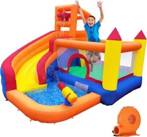 HuaKastro Inflatable Bounce House Water Slide – Backyard Water Park for Kids with Slide, Pool (Ball Pit), and Bucket Dump for Outdoor/Indoor Play, Perfect for Summer Fun (Blower Included)