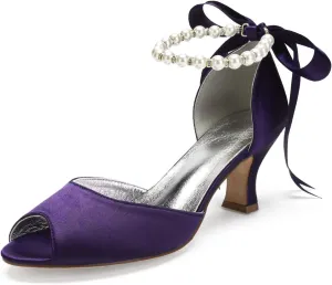 Hyinlays Peep Toe Mid Heel Pumps with Pearls Satin Prom Wedding Shoes Formal Party Dress Pump Sandals