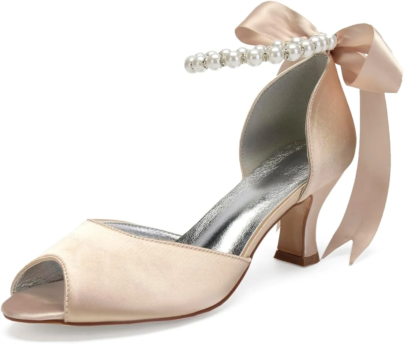 Hyinlays Peep Toe Mid Heel Pumps with Pearls Satin Prom Wedding Shoes Formal Party Dress Pump Sandals