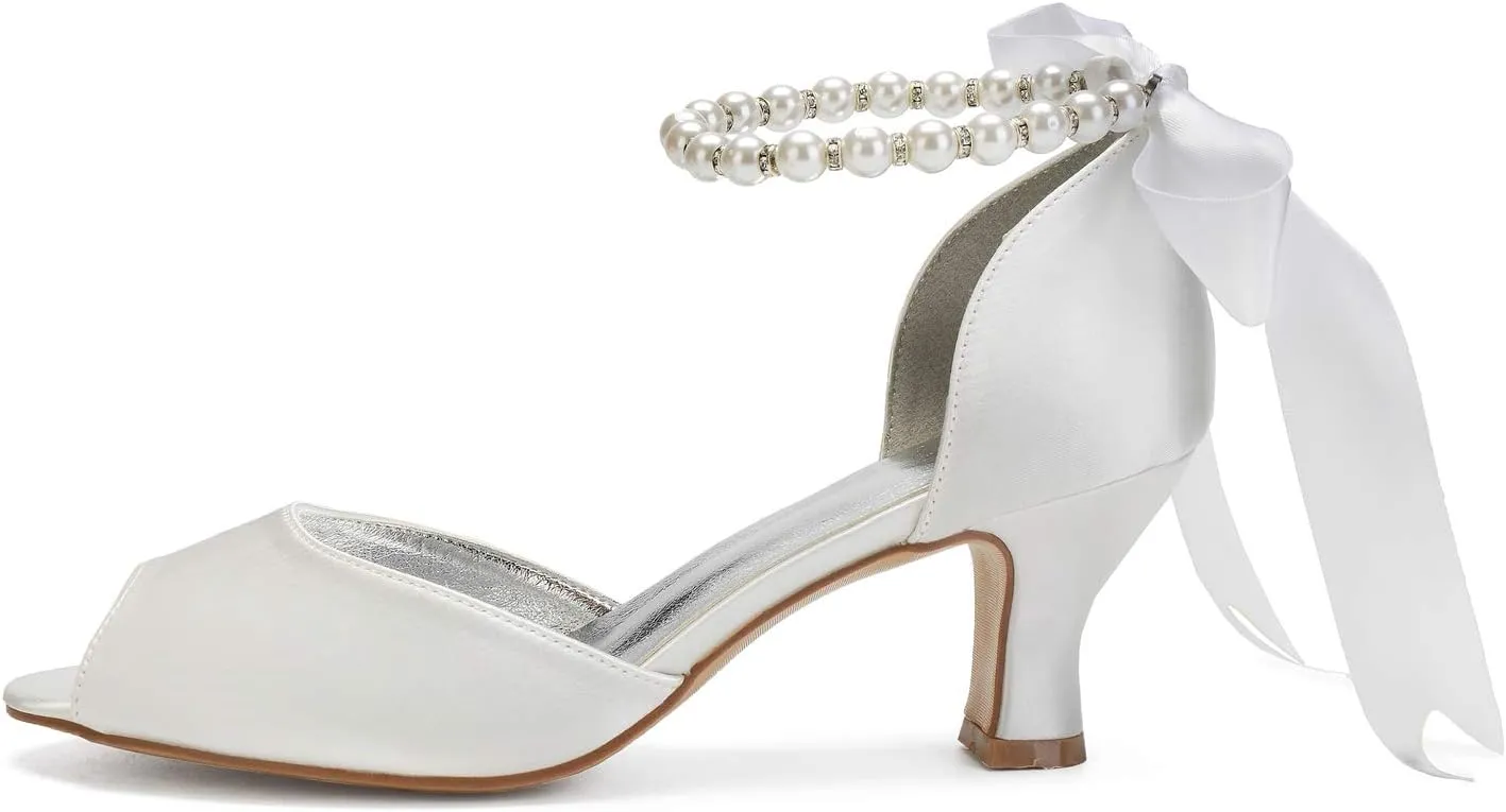 Hyinlays Peep Toe Mid Heel Pumps with Pearls Satin Prom Wedding Shoes Formal Party Dress Pump Sandals