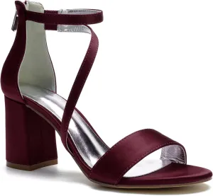 Hyinlays Women's Block Heel Pumps Dress Shoes Satin Ankle Strap Chunky Prom Wedding Pump Sandals