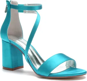 Hyinlays Women's Block Heel Pumps Dress Shoes Satin Ankle Strap Chunky Prom Wedding Pump Sandals