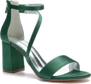 Hyinlays Women's Block Heel Pumps Dress Shoes Satin Ankle Strap Chunky Prom Wedding Pump Sandals