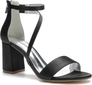 Hyinlays Women's Block Heel Pumps Dress Shoes Satin Ankle Strap Chunky Prom Wedding Pump Sandals