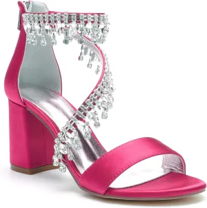 Hyinlays Women's Chunky Block Heels Crystal High Heel Pump Sandals Ankle Strap Wedding Shoes Prom Evening Pumps
